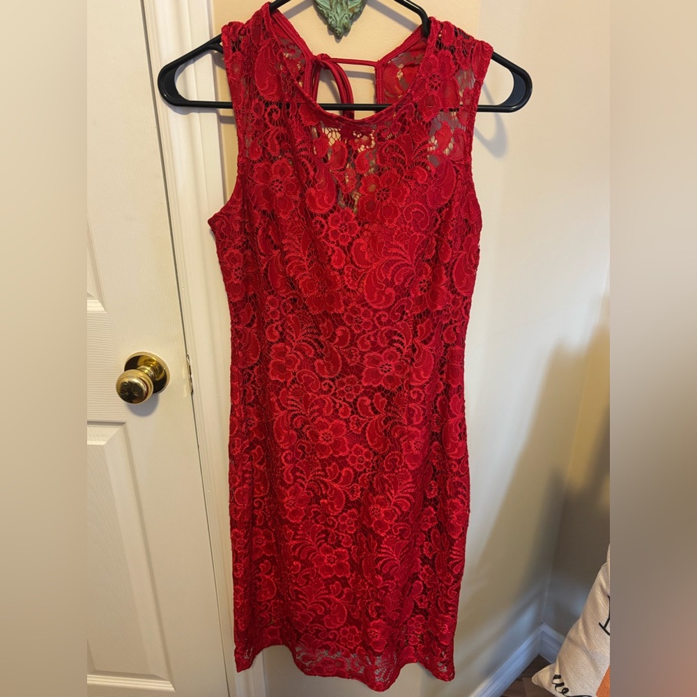 le chateau Red Floral Lace Midi Dress